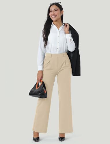 Image of Wide Leg Work Pants for Woman Stretchy Office Slack Dress Pants Business Trousers with Pockets