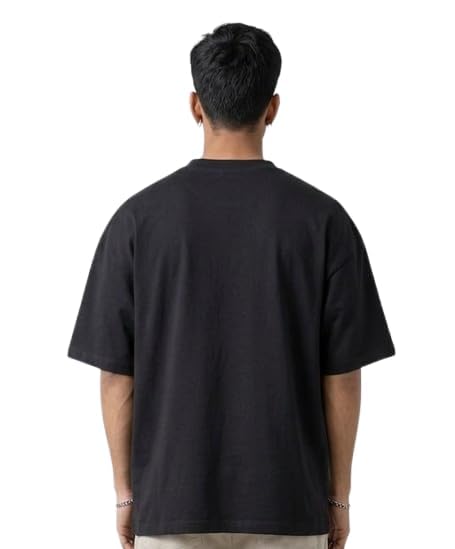 Image of Men's Oversized Black T-Shirt with Crane Bird and Floral Embroidery, Casual Streetwear