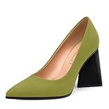 GUAVAIVY Women's Pumps, Pointed Closed Toe Chunky High Heels, Fashion Solid High Heel Shoes for Women Olive Suede Size 9
