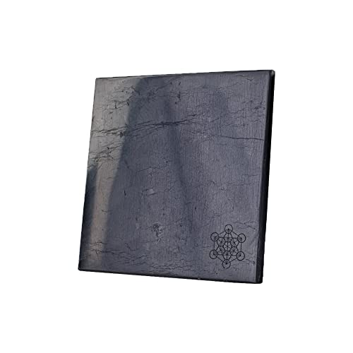 Modern ŌM Shungite Charging Plate with Metatron Cube | Stone Engraved Square Shungite Tile | Blocking Plates for Cell Phone, Tablets, Laptops | Authentic Shungite from Karelia | (4.7