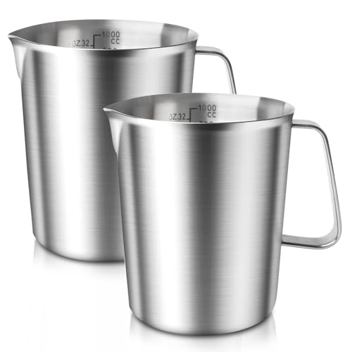Pot a Lait Inox, 2 Pièces1000 Ml Avec Graduation Interne, Verre Doseur en Acier Inoxydable avec Bec Anti Goutte et Poignée Ergonomique pour Mousse de Lait...