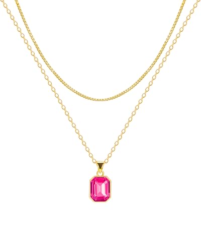 Lourny Gold Layered Crystal Necklace for Women, 18K Gold Plated Choker Emerald Green Dainty Chain Trendy Statement Necklace Jewelry for Women Gifts