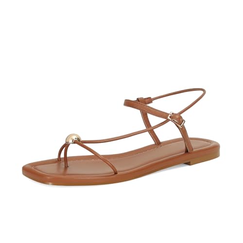 Image of Strappy Flat Sandals for Women Comfortable Open Square Toe Slingback Sandals Dressy Beach Thong Flip Flop Slides Sandals