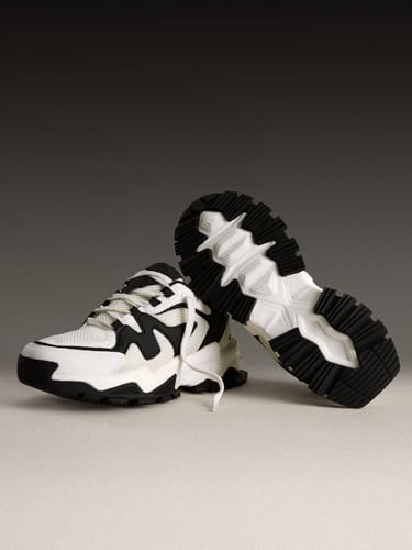 Image of The Souled Store Fumes NX: Sage Men and Boys Low Top Sneakers Green and Off White Streetwear Chunky Trainer Breathable Mesh Cushioned Midsole Durable Sole Lace Up Lightweight Padded Collar