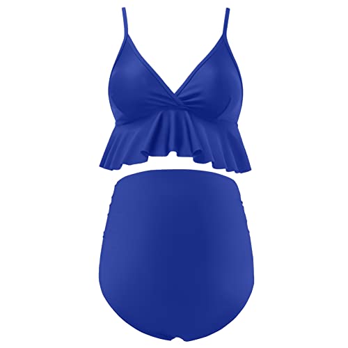 Bhome Maternity Two Pieces Bikini Set Summer High Waisted Pregnancy Swimsuit Ruffle Swimwear Royal Blue L #TOP1