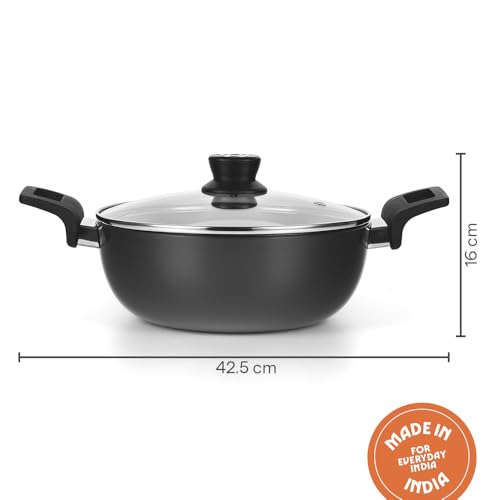 Image of Borosil 4 L (28 cm) Hard Anodized Deep Kadai with Glass Lid | Aluminium Grade 3003 | Glossy Exterior & Matt Interior | Even Heat Distribution | Easy to Clean | 1 Year Warranty
