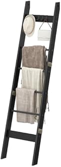 Blanket Ladder for Living Room, Decorative Quilt Rack with 4 Removable Hooks, 6-Tier Farmhouse Ladder Holder Shelf Organizer for Bedroom, Black BR31504B