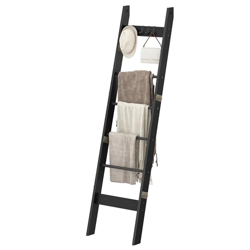 Blanket Ladder for Living Room, Decorative Quilt Rack with 4 Removable Hooks, 6-Tier Farmhouse Ladder Holder Shelf Organizer for Bedroom, Black BR31504B