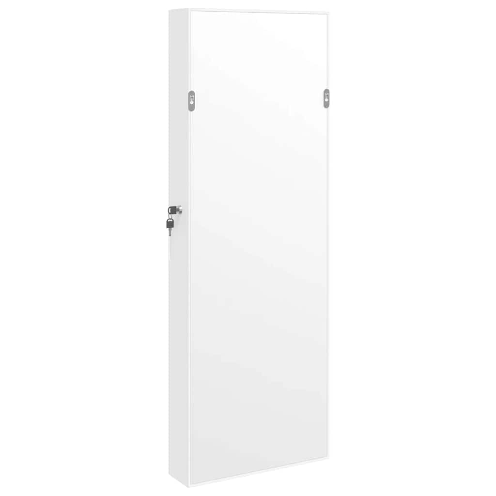 Szafka na biżuterię z lustrem, biała, materiał drewnopochodny, 37,5 x 10 x 106 cm, zamykana, montaż ścienny z kluczem i miejscem do przechowywania biżuterii, kosmetyków, łazienki, sypialni