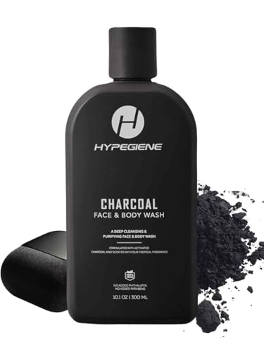 HYPEGIENE Men's Charcoal Body Wash - All Natural Body Wash with Activated Charcoal for Men & Women - Vegan, Paraben Free - Purifying Shower Gel & Moisturizing Face Wash with Tea Tree Oil (10.1oz)