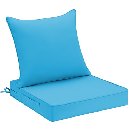 Image of UNIKOME 22 inchx22 inchx3 inch Outdoor Chair Cushions Set - Waterproof Patio Cushions for Outdoor Furniture with Removable Cover, Ties & Handle, Deep Seat Patio Cushions for Sofa Couch - Light Blue