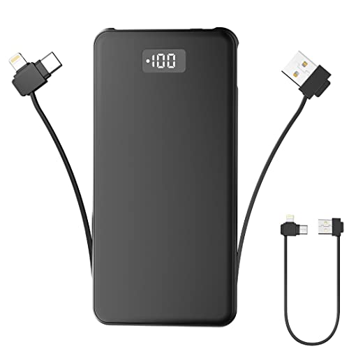 Auskang 10000mAh Ultra Slim Portable Charger with Built-in Lightning Cables,USB C 22.5W PD3.0 QC4.0 External Battery Fast Charging Power Bank Compatible with iPhones, Android Cell Phones