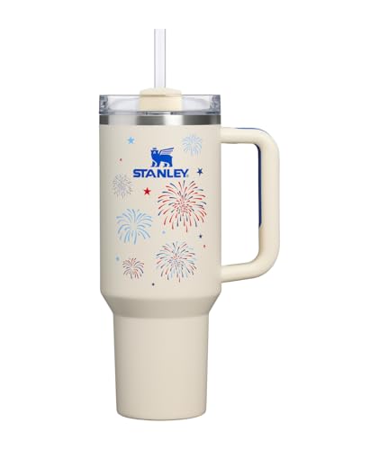 Image of STANLEY Quencher H2.0 Tumbler with Handle and Straw 40 oz | Flowstate 3-Position Lid | Cup Holder Compatible for Travel | Insulated Stainless Steel Cup | BPA-Free | Cream Royal Fireworks