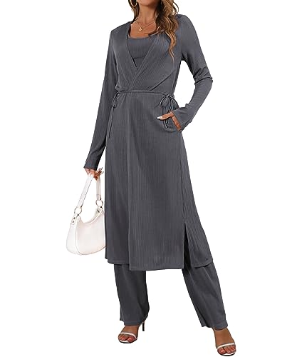 Image of 3 Piece Lounge Sets for Women Airport Travel Outfit | Long Cardigan,Tank Top ,Wide Leg Pants with Pockets,Comfy Loungewear,Casual Chic, Airplane Clothing,Vacation Matching Set