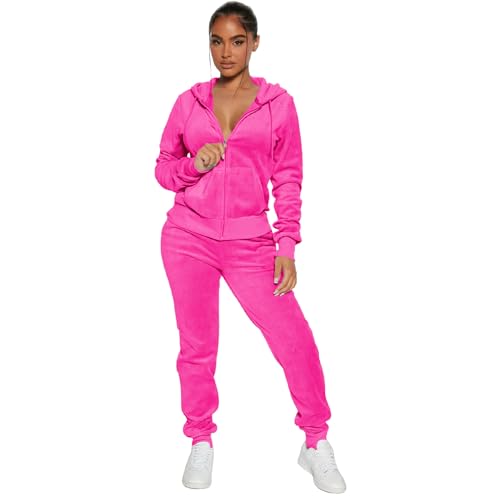 yidengymx Womens 2 Piece Velour Tracksuit Two Piece Soft Velvet Hooded Outfits for Women X-Small Hoodie/Jogger Pants-rose Red
