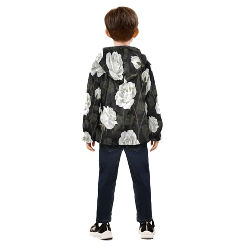 White Roses on Dark Background Toddler Fleece Jacket Girl Boys Hooded Fleece Jacket Coat Warm Outwear Zip-up 3-10T4