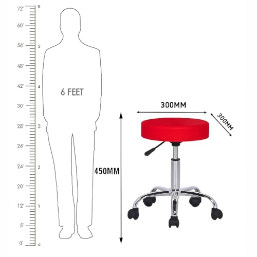 Image of Adjustable Rolling Office Stool, Red Padded Seat, Chrome Base, Swivel Task Chair with Wheels for Home, Salon, Medical