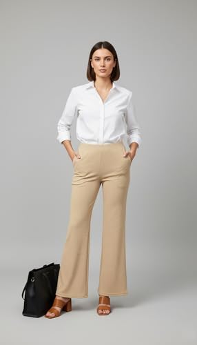 Image of Mehrang High Waisted Wide Leg Ribbed Knit Trousers with Pockets | Casual and Stretchy Pants | for Women