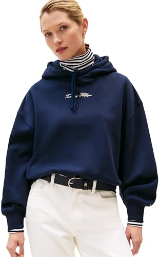 Tommy Hilfiger Sudadera Mujer Classic Script Fleece con Capucha, Azul (Dark Night Navy), L
