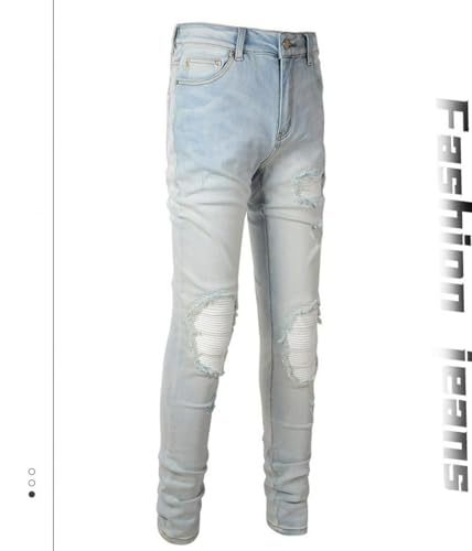 Jeans Pants Trousers Denim Men Street Trendy Stretch Fit Slim Piercing Patch Water Washed Blue Grinding Fading Edge Casual Small Foot(Light Blue,33)3