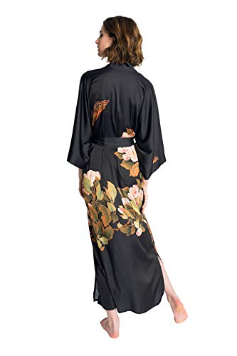 Luxury Kimono Robe for Women | Long Floral Robe | Peony & Butterfly - Black | Original Design | Removable Waist Tie Closure | Soft Lightweight Fabric | One Size3