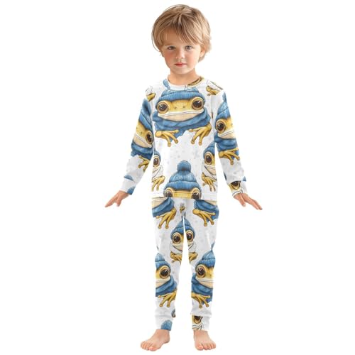 Pajama Sets Long Sleeve Frog Wearing Winter Blue Hat Soft Comfy Sleepwear 2 Piece PJS 3-8T2