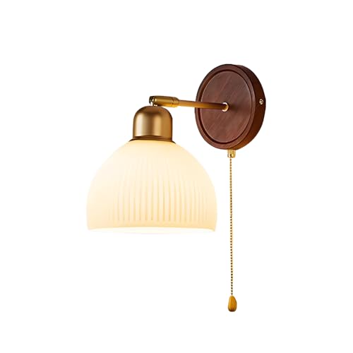 Applique Murale LED Style rétro Moderne en Bois avec Interrupteur à Tirette, Lampe d'intérieur réglable à 180°, Verre rayé et Finitions métalliques...
