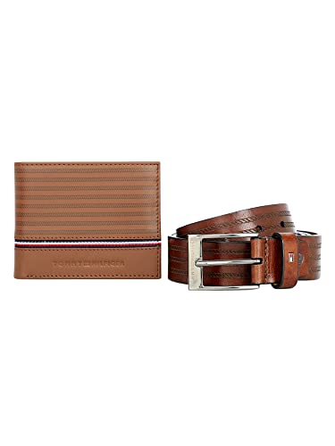 Tommy Hilfiger Obidos Men Leather Gift Set Include Large Size Belt and Wallet Brown/Tan+Navy