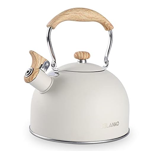 Tea Kettle, BELANKO 85 OZ / 2.5 Liter Whistling Tea Kettle, Tea Pots for Stove Top Food Grade Stainless Steel with Wood Pattern Folding Handle, Loud Whistle Kettle for Tea, Coffee, Milk - Milk White