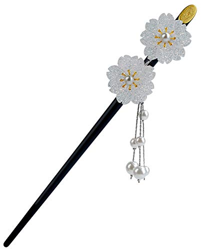 FINGER LOVE Glittered Gradient Flowers Acrylic Hair Stick with Pearl Tassels (White)
