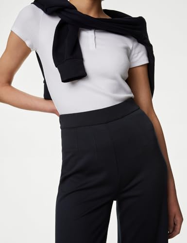 Image of Solid Navy Blue Viscose Womens Wide Leg Jersey Stretch Trousers