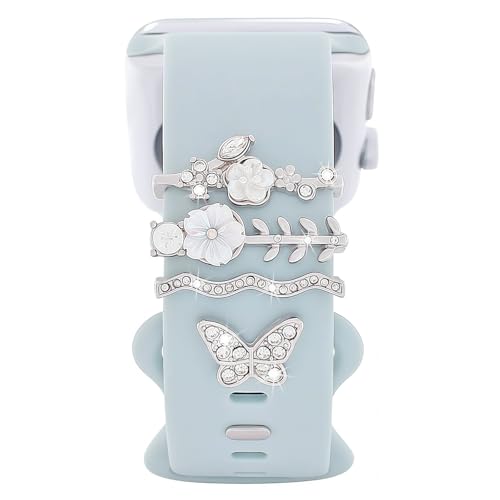 Watch Band Charms Set Decorative Ring Loops Charms Compatible with Silicone Apple Watch Band 38 40 41 42 44 45 49mm Chic Elegant Flower Butterfly Diamond Wristband Accessories for iWatch Series Ultra 11 10 9 8 7 6 5 4 3 2 1(No Band)