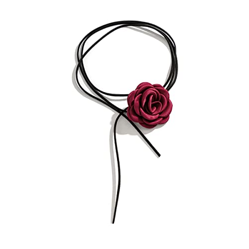 YURAOER Flower Choker Necklace for Women - Adjustable Lace-up Design Handmade Velvet Floral Choker Necklace Elegant Summer Necklace for Weddings Parties and Holiday (wine red)