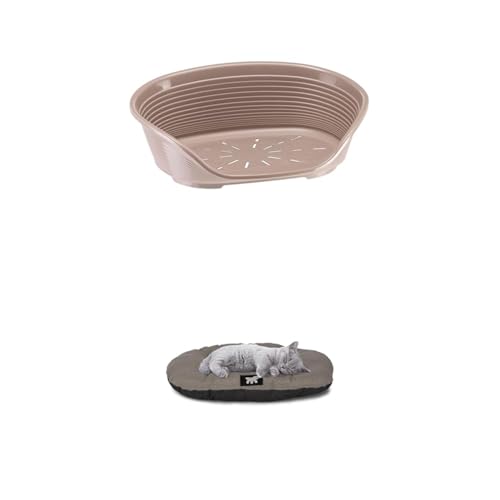 Ferplast Cuccia per Cani e Gatti in plastica Lavabile, Traspirante e Antiscivolo, con Cuscino Imbottito in Cotone, 61,5 x 45 x 21.5 cm Tortora