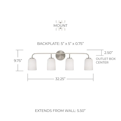 Image of HomePlace Lighting 148841BN-542 Lawson Transitional Soft White Glass Bell Vanity Light for Bathroom, 4-Light 400 Total Watts, 10 inch H x 32 inch W, Brushed /Satin Nickel