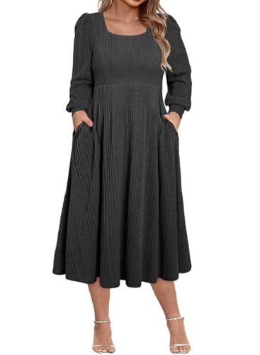 Eytino Womens Plus Size Dress Square Neck Long Sleeve Midi Sweater Dresses with Pockets(1X-5X)