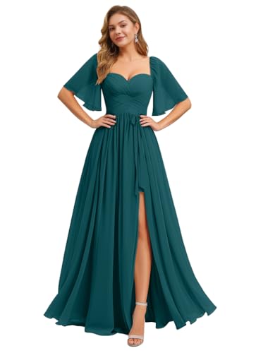 Image of IIF Women's Chiffon Bridesmaid Dresses for Wedding Flutter Sleeves Ruched A Line Long Formal Dress with Slit IIF149