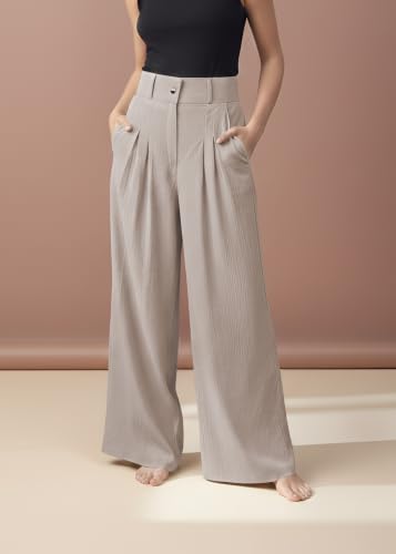 Image of GRECIILOOKS Trousers for Women High Waist | Wide Leg Trousers | Office Wear Pleated Korean Pants for Women's | Elegant Formal Pants