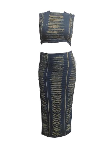Ecirod 2 Piece Denim Outfit for Women Summer Ripped Hole Sleeveless Mock Neck Crop Tops High Slit Maxi Jean Skirt Set4