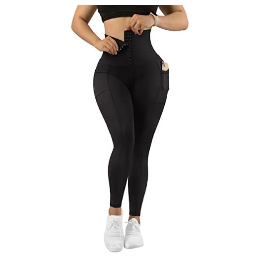 KUNISUIT Body Shaping Waist Trainer Cincher Leggings for Women Tummy Control Corset High Waisted Yoga Pants (Large, Black-871)