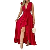Vestido Largo con Cuello en V Profundo for Mujer, Sin Mangas, de Gasa, con Volantes, Línea A, Vestido Largo de Verano Elegante(Red,M)
