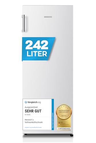 Heinrich´s freistehender Kühlschrank 242L, kühlschrank ohne gefrierfach, XXL, Vollraumkühlschrank, LED-Beleuchtung, Standkühlschrank mit 5Glasablagen, Türanschlag wechselbar, leise 40dB, (weiß)