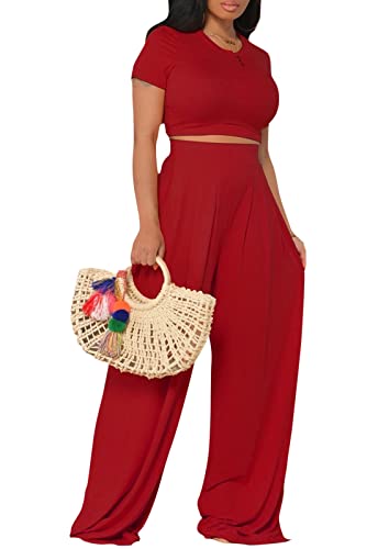 Image of Casual Summer 2 Piece Outfits for Women Crop Top High Waist Pants Sets