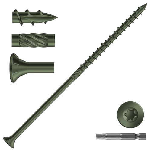 Image of #10 x 5 Inch Deck Screws (36Pcs) 1lb. Carbon Steel, Green, Flat Head, Rust Resistant epoxy Coated, with T25 Star Bit