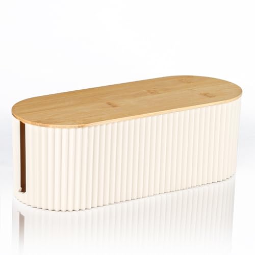 Cable Management Box with Solid Bamboo Cover, 12.6x5.4x4.4 inches, Floor Outlet Hider, Wire Organizer for Desk TV Computer USB Hub System to Cover and Hide & Power Strips & Cords (Beige)