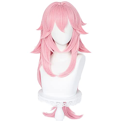 Image of LABEAUTE Pink Cosplay Wig for Yae Miko Long Anime Curly Sakura Straight Hair Wig with Ponytails for Halloween Party Include Cap