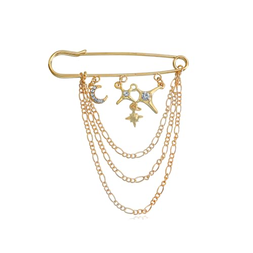 Image of Punk Gold Silver Star Moon Tassel Chain Brooch Sweater Shawl Clips Collar Pin for Women Safety Chain Tassel Broochs