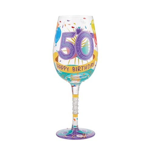 Enesco Designs by Lolita Happy 50th Birthday Hand-Painted Artisan Wine Glass, 15 Ounce, Multicolor