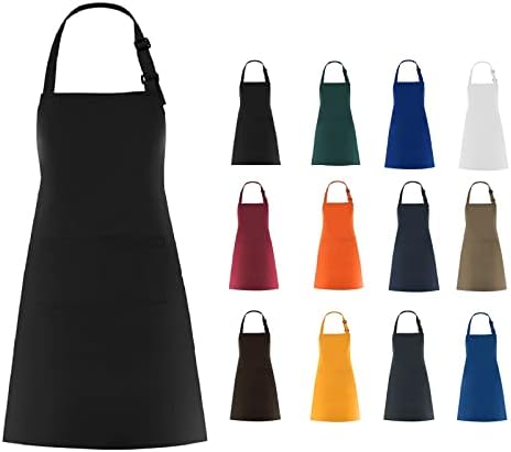 WOPOKY Cotton Blend Waterproof Apron With 2 Pockets for Men Women - Cooking Kitchen Chef Arpon BBQ Work Painting Apron - Black/Burgundy/Dark Geen/Orange (1 Pack) (Black)