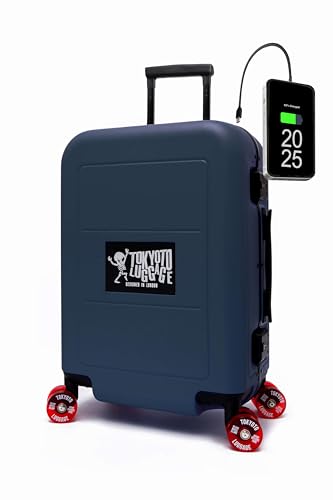 TOKYOTO Maleta de Cabina con Ruedas Skate Monopatín Cargador USB de Policarbonato Resistente Alemán 55x35x20 Maleta Rígida Trolley de Diseño Aceptado en Cabina (Kabuto Blue Sendai, Solo Maleta)